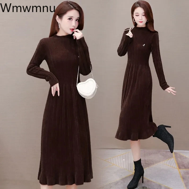 Imitacja norek kaszmirowa sukienka zimowa ciepลe kobiety eleganckie swetry z dzianiny z pรณลgolfem sukienki Casual Slim Midi Vestido De Mujer