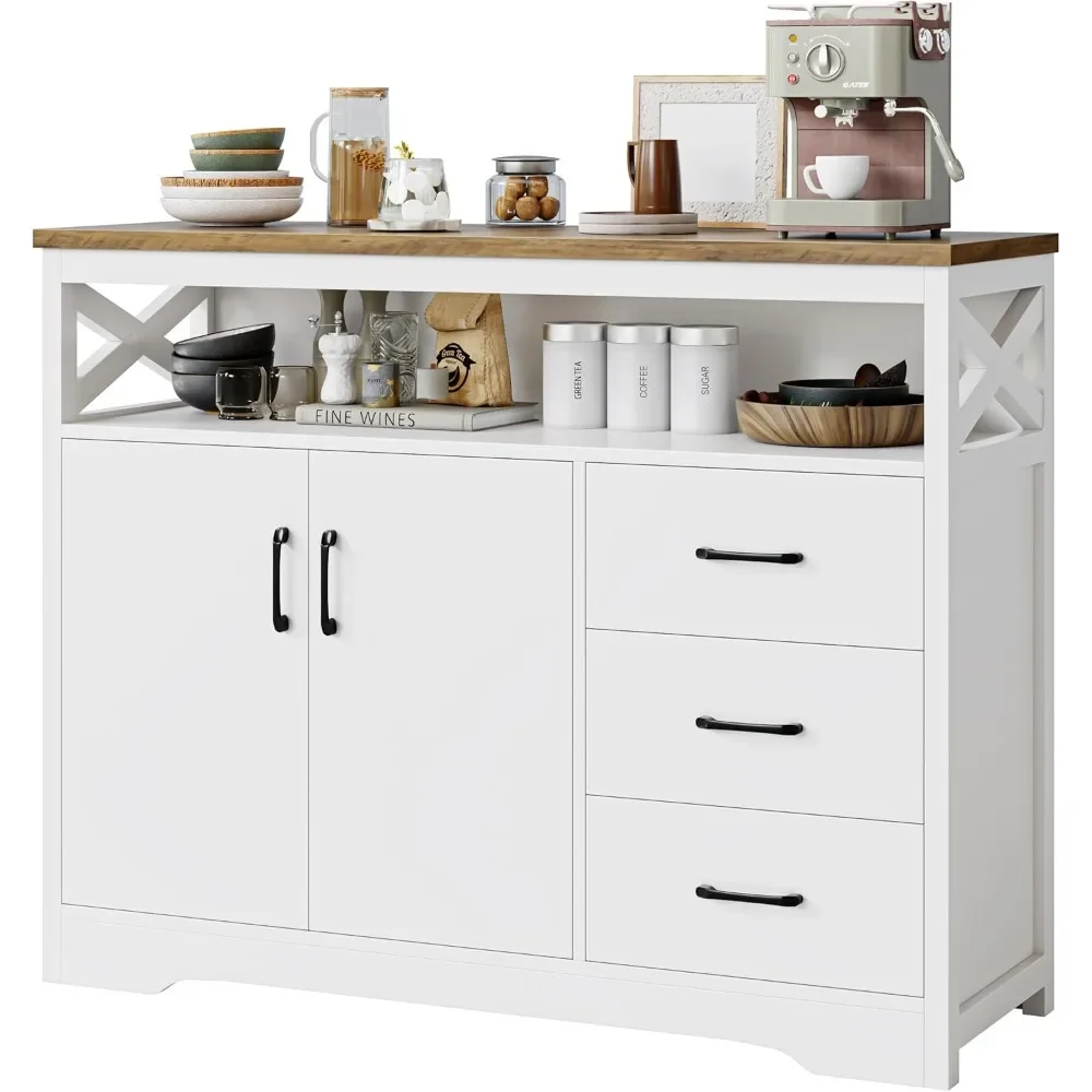 

Modern Farmhouse Sideboard Buffet Cabinet, Kitchen Buffet Storage Cabinet with Drawers and Shelves, Wood Coffee Bar Cabinet with