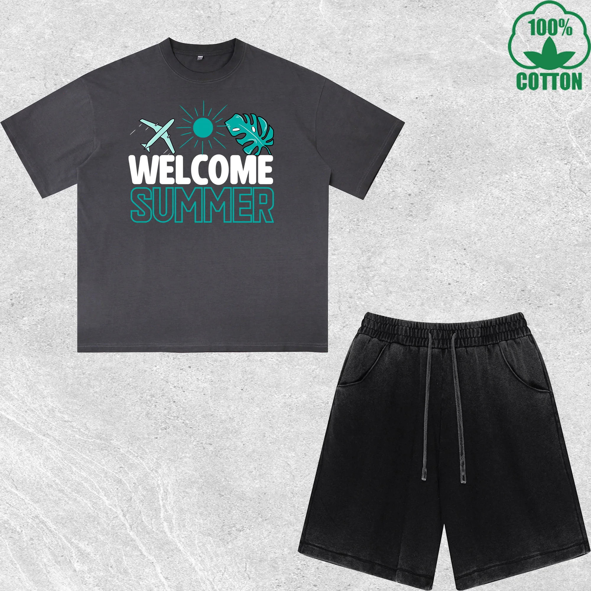 

Welcome Summer Printed Dirty Wash T-Shirt Shorts Set Combo Loose Trendy Fashionable 100%Cotton Black Suit