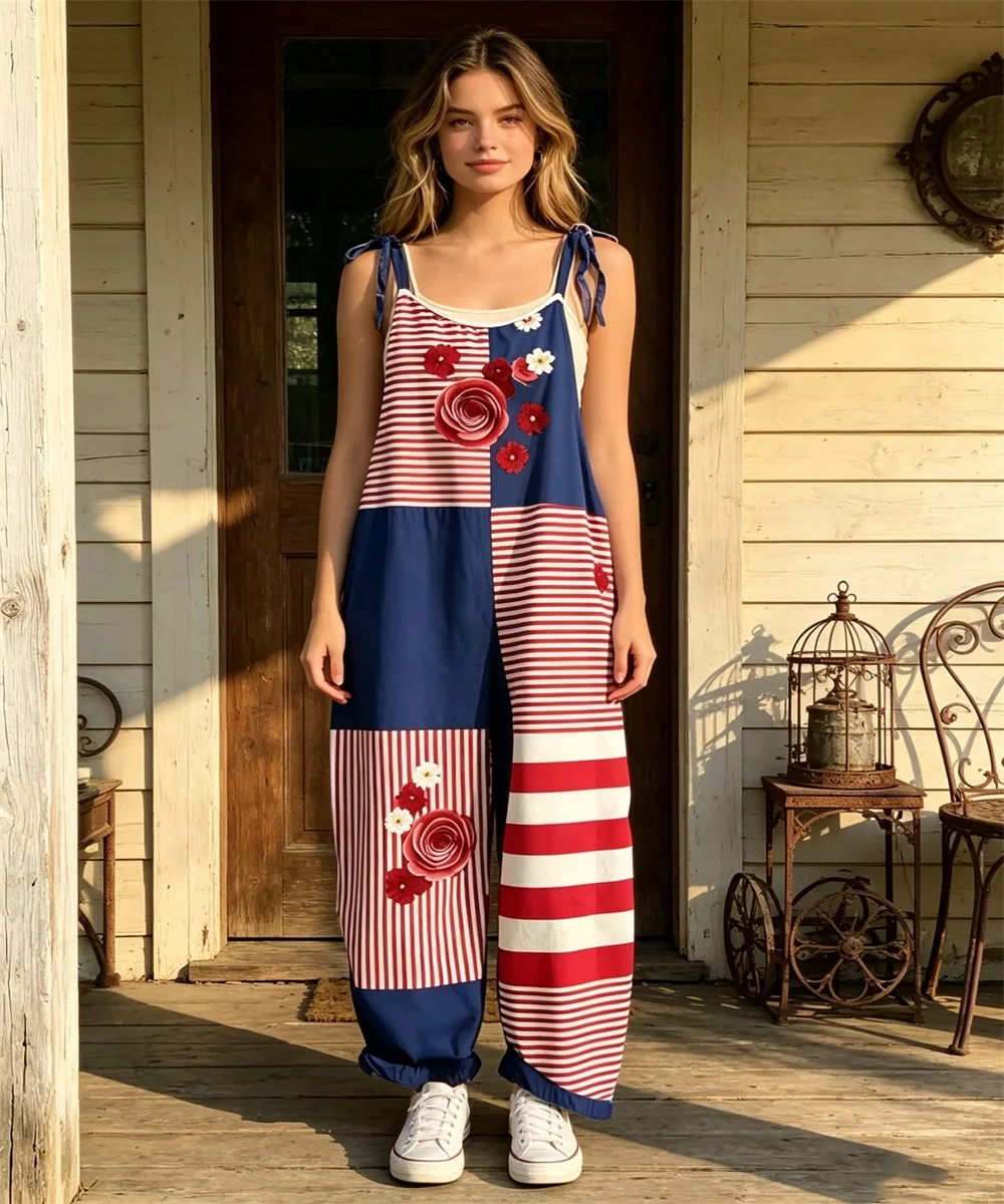 2026 Women's New Red, White, Blue Large Block Splicing Printed Comfortable jumpsuit, Off Shoulder Sleeveless Loose jumpsuit