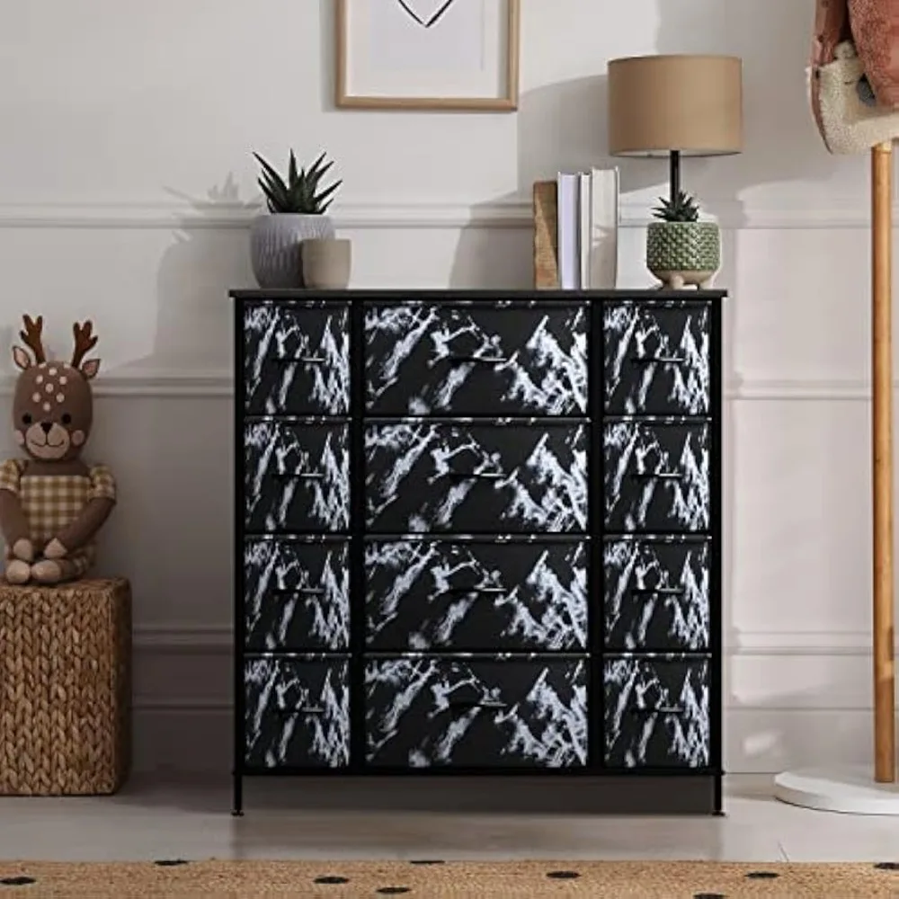 Commode Sorbus à 12 tiroirs : cadre en acier, dessus en bois et bacs en tissu pour le rangement des vêtements