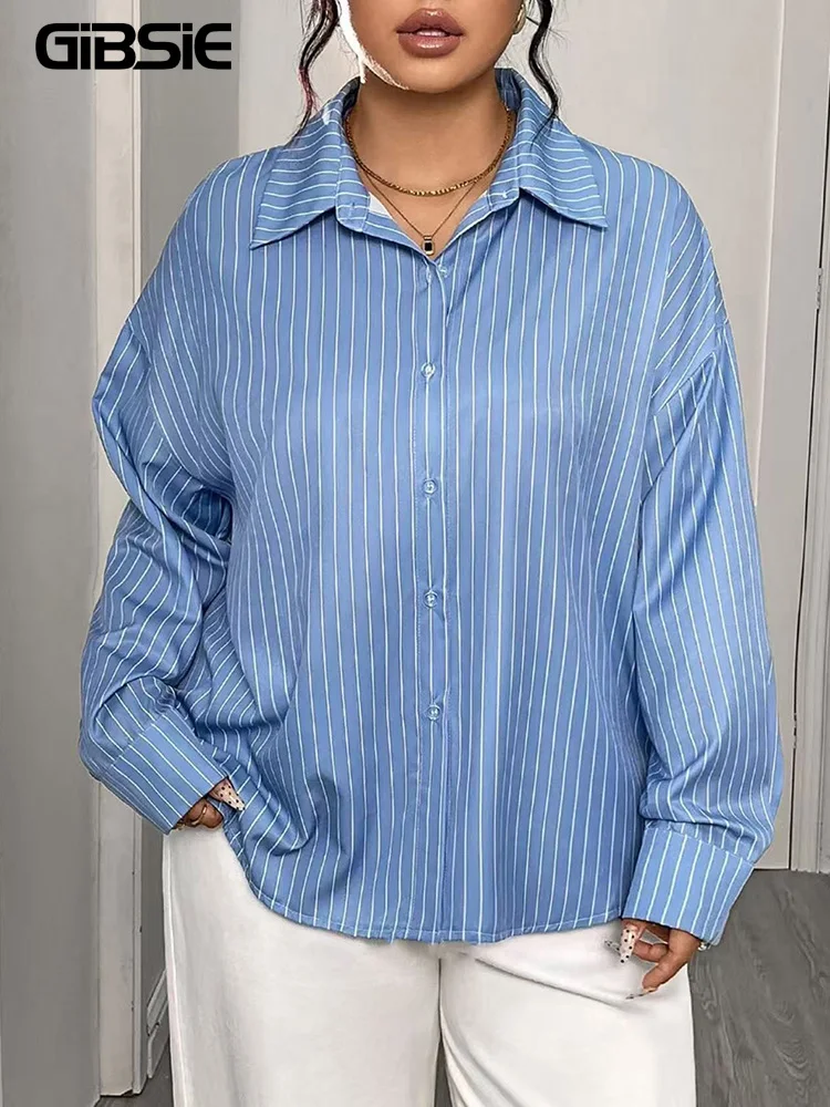 

GIBSIE Большие размеры, свободная полосатая рубашка с отложным воротником, женская осень 2022, повседневные универсальные блузки на пуговицах с длинными рукавами, топы