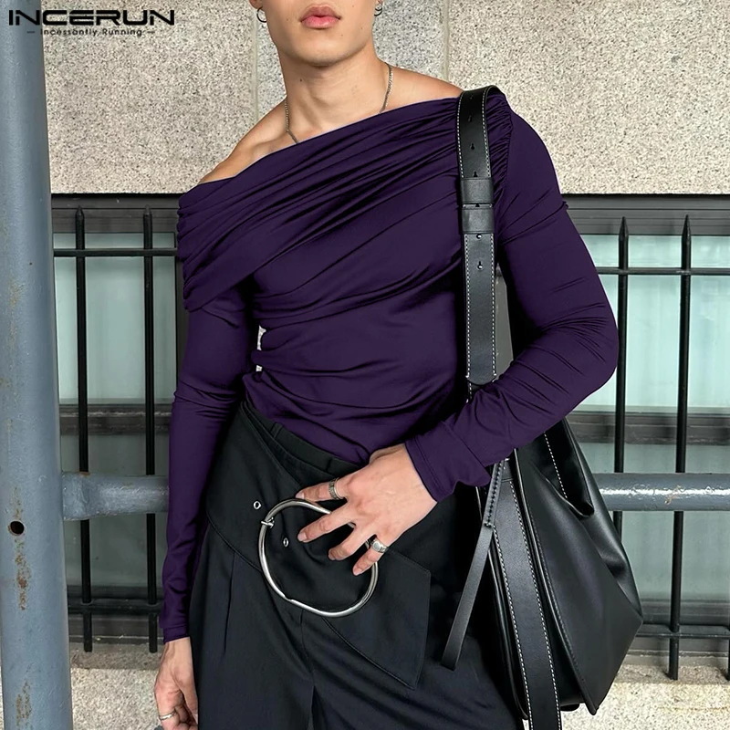 Sexy Fashion Style Tops INCERUN Men's Solid One-shoulder T-shirt Casual Clubwear Male Hot Sale Long Sleeved Camiseta S-5XL 2024