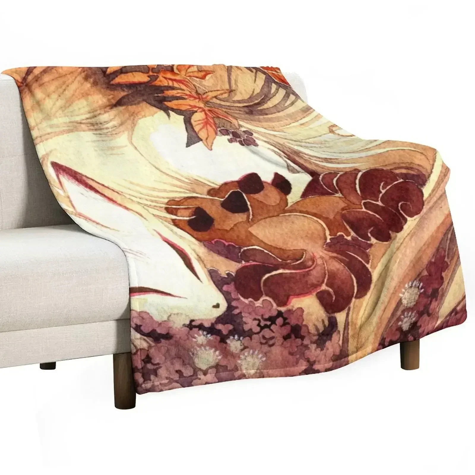 Ninetailed Kitsune Fox with Kits Throw Blanket Loose Furrys Winter beds Blankets