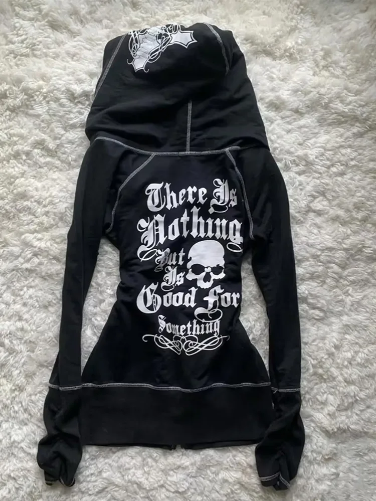 Herbst Winter Damen Y2K Gothic Zip-Up Hoodie mit Leopardenfutter, Totenkopf- und Buchstabendruck, Slim Fit, Langarm, Streetwear, mit Kapuze – Detail 3