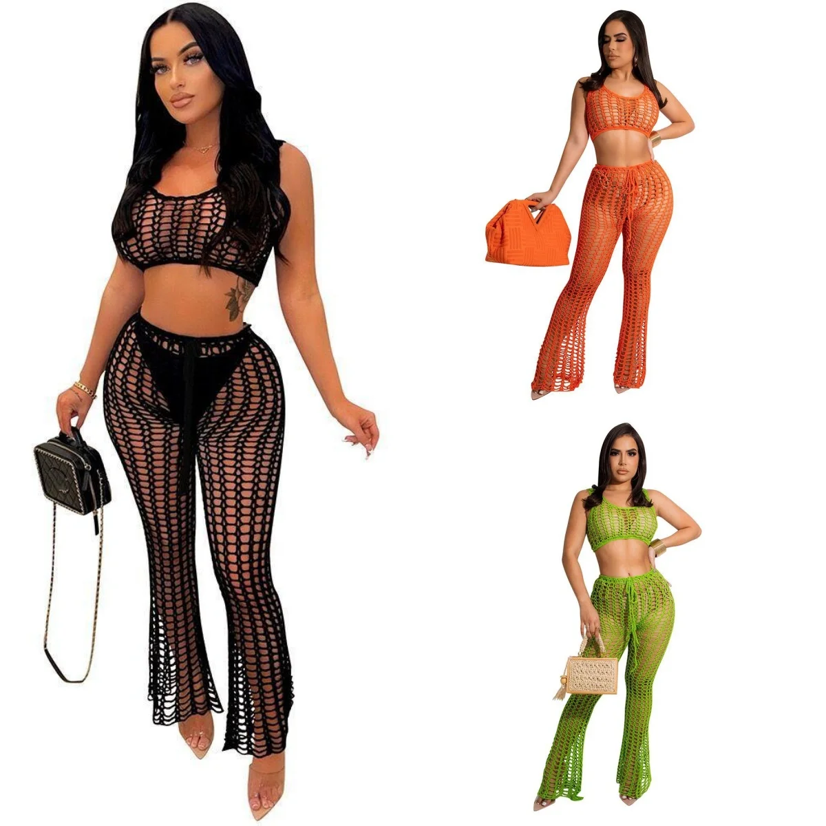 European and American Women's Hollow See-through Two-piece Beach-style Grid Handmade Hook Sexy Fashion Suit