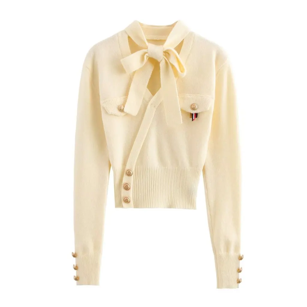 

European And American Fashion Long Sleeve Sweater Women's Double Color Tie Bow Tie Pullover Winter New Style E74489