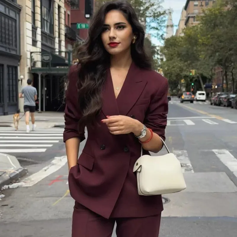 Moda feminina transfronteiriça estilo europeu e americano lapela trespassado elegante blazer borgonha novo modelo