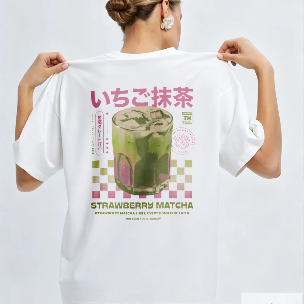 Japanese Oversized Crew Neck Short Sleeve T Shirt With Strawberry Matcha Drink Illustration Pink Green Checkered Pattern