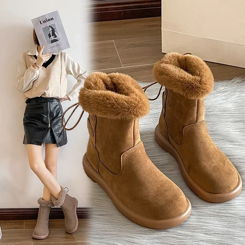 

2025 Hot Sale Ladies Shoes Women's Boots Winter Round Toe Plush Fce for Warmth Solid High Tube Flat Snow Fraenum Boots New