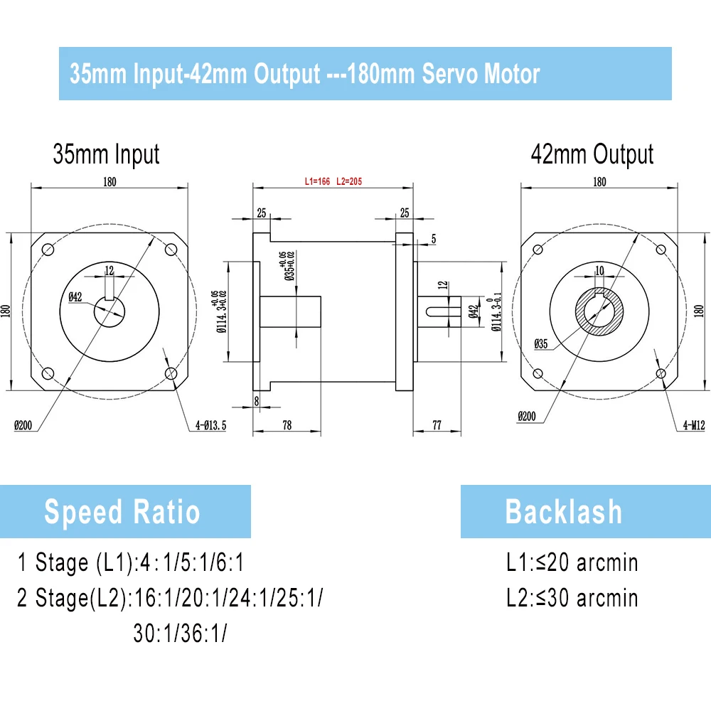 Servo Motor Planetary Reducer 35mm Input 42mm Input For 180mm Flange 2kw 3kw 4.5kw 5.5kw 7.5kw Servo Motor Step-down Gearbox