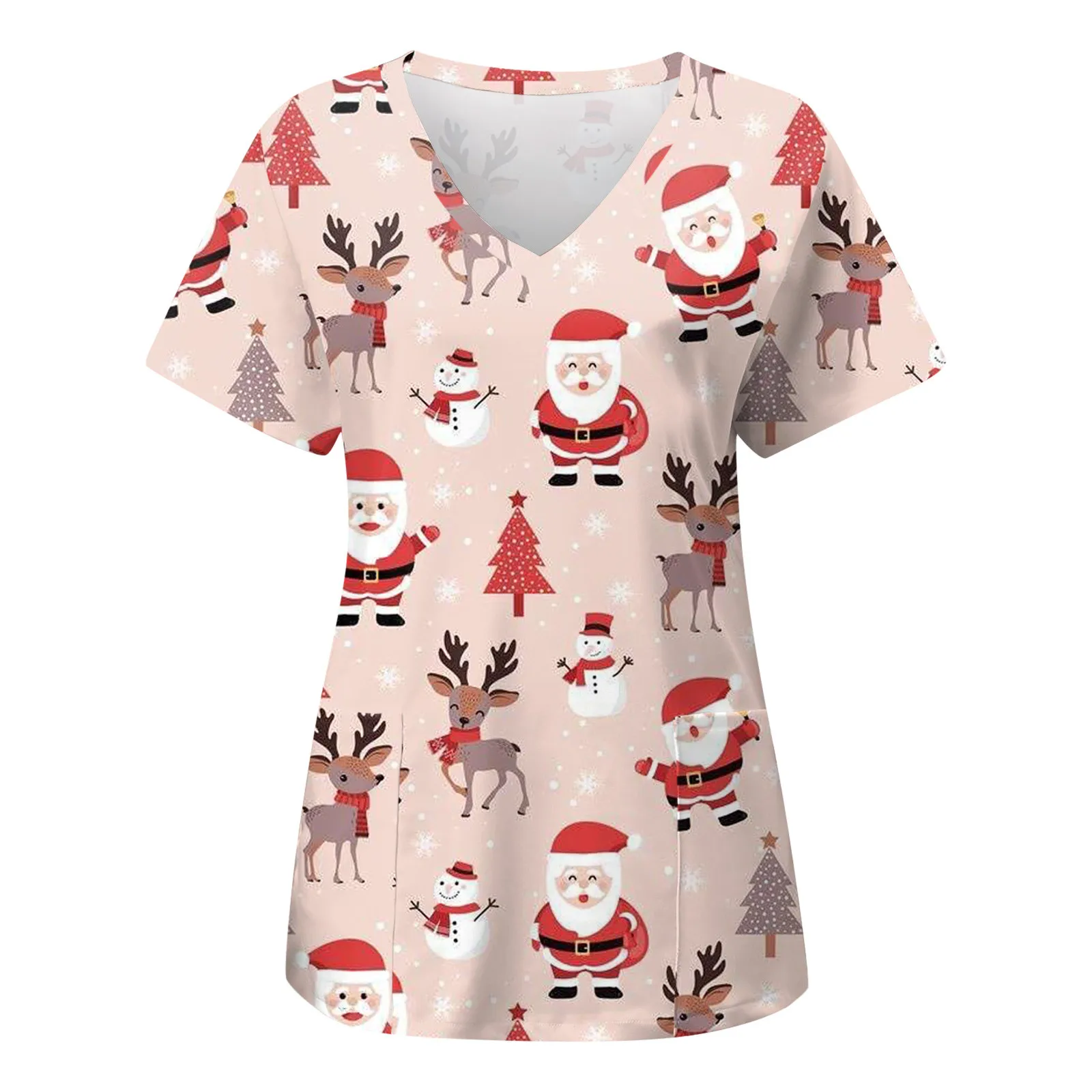 2024 New Christmas Nurse Uniform Scrubs Tops Womens Xmas Elk Print Short Sleeve Pocket Overalls Uniforms Medical Nursing Blouse