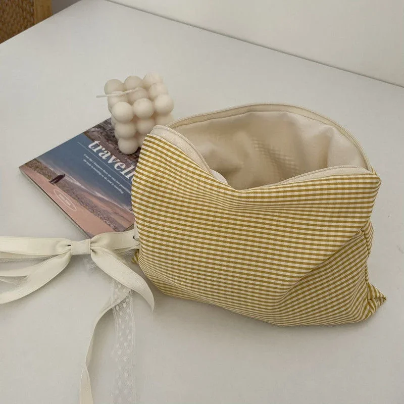 Trousse de maquillage à carreaux pour femmes et filles, sac cosmétique en coton, fermeture éclair, poudres, simple, portable, grande capacité, sac de rangement, mode