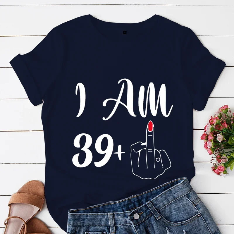 I Am 39/49 Plus Middle Finger Print Women T-shirts Short Sleeve Female Tshirts Middle Finger Graphic Grey Tee T Shirt Y2k Tops