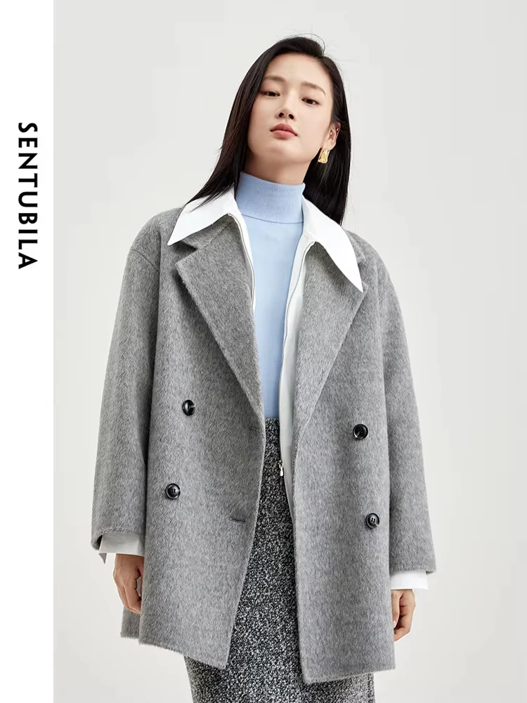 SENTUBILA Winter Double Sided Woolen Coat Women 2024 Mid Length Notched Collar Woolen Blazer Jacket Warm Overcoat W44O58452X