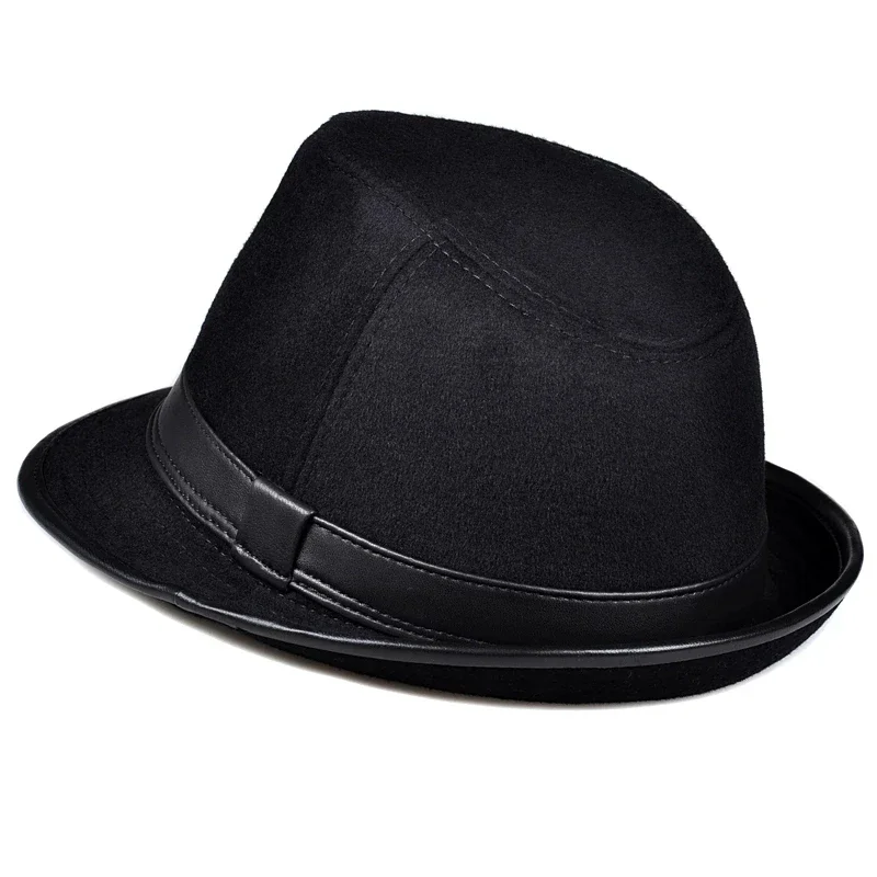 British Retro Genuine Leather Wool Gentleman Jazz Fedoras Hats For Men Women Woolen Stage Fitted Cowboy Caps Male Grey Gorras