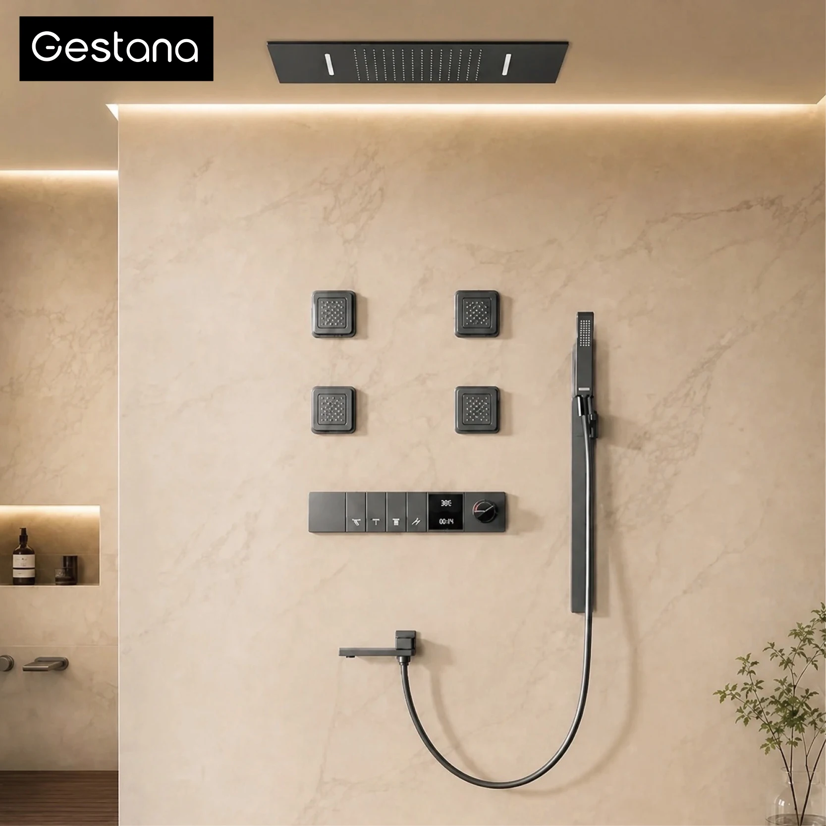 Brass Gun Grey Wall-Mounted Ceiling Shower System,LED Digital Display Anti-Scald Thermostatic Shower Mixer With Back Spray