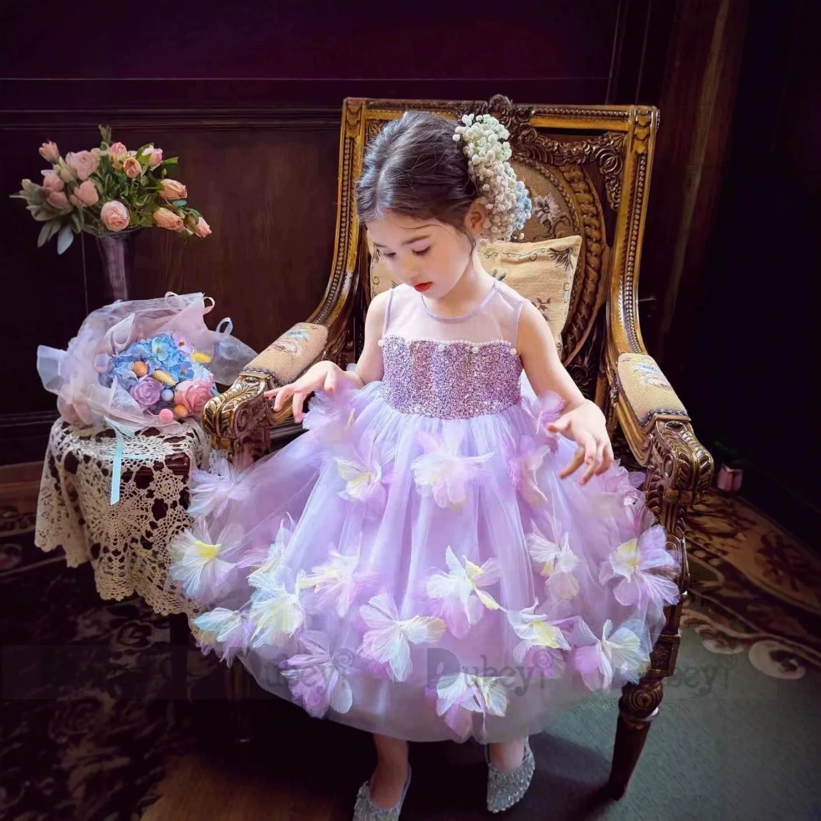Fairy Girls Princess Flower Dres for Kids Sequin Fashion Clothing Wear Little Toddler Boutique 3D Big Flower Birthday Party Gown