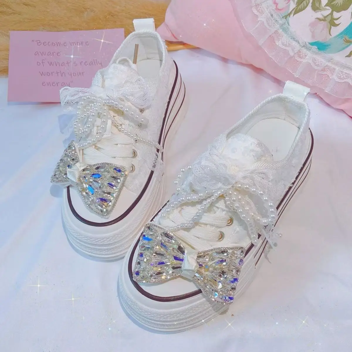 

White pearl rhinestone sequin Lace beaded tassel canvas shoes Low top platform comfortable sports women's shoes 35-39