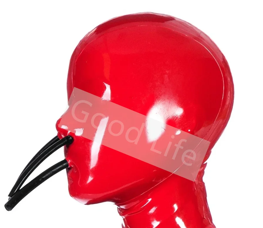 Full Cover Latex Hood with Fixed Hollow Mouth and Nose Tube Rubber Fetish Latex Mask Back Zipper Halloween Cosplay Headgear