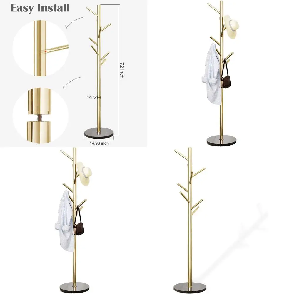 

Напольная вешалка для одежды из золотистой сатинированной стали с устойчивым мраморным основанием и крючками для шляп и пальто, отдельно стоящая вешалка для спальни, Eas