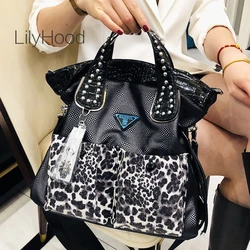 Vintage Leather Leopard Pattern Alligator Rivet Big Capacity Handbag Women Retro Chic Patchwork Laptop Commuter Shoulder Bag