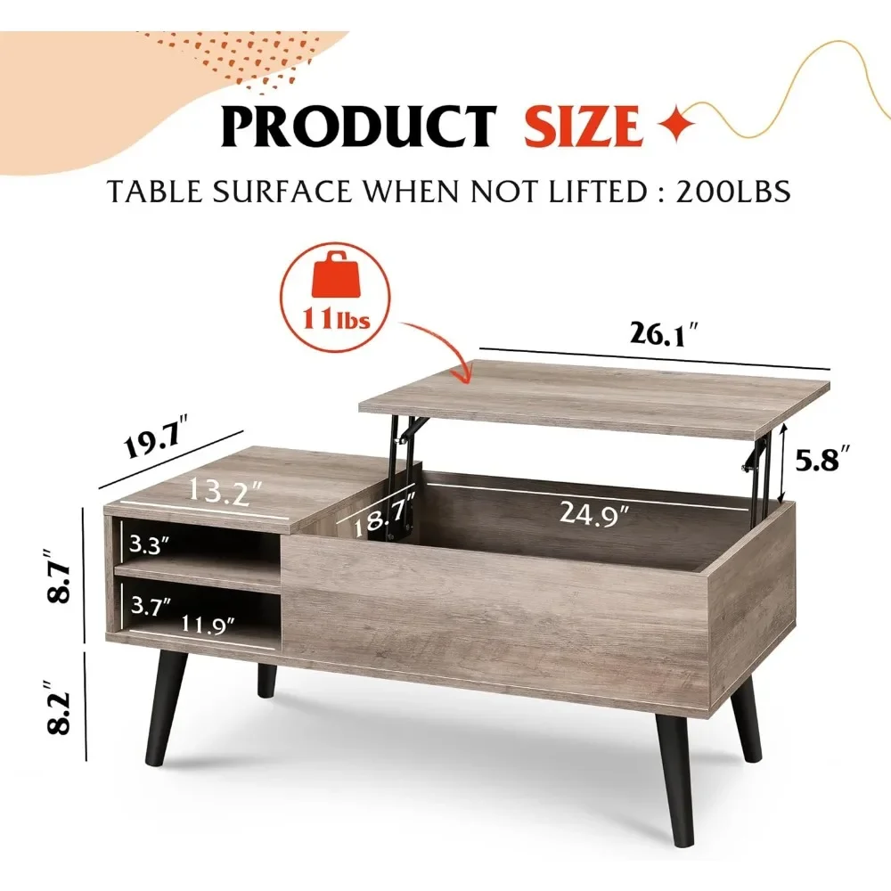 Mesa de centro elevadora con almacenamiento para sala de estar, pequeño compartimento oculto y estante ajustable, mediados de siglo moderno, madera