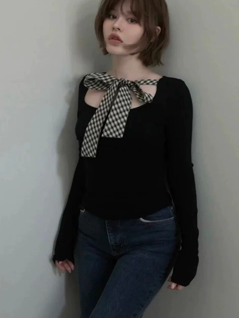 

Sweet Pure Desire Style Long Sleeve T-Shirt with Knot Belt Plaid Color Japanese Style Women's Fashion Summer Cotton Blend