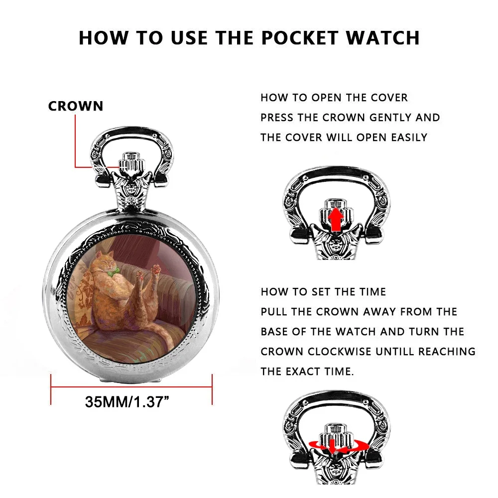 

Lazy Cat Fun Pattern Design Glass Dome Quartz Pocket Watch with Arabic Numerals Dial Durable Chain Perfect For Easter Gifts