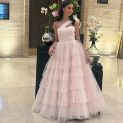 Customized Pink Tulle Ruffles A-line Evening Dress Strapless Backless Tiered Sleeveless Floor Length Party Prom Gown