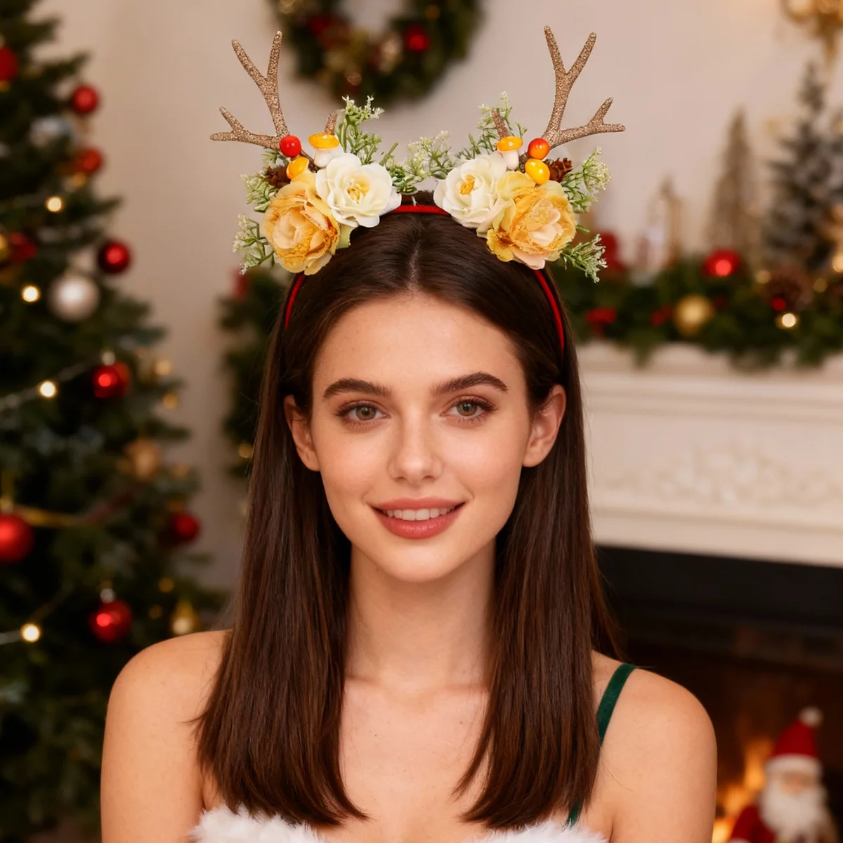 Handmade Golden Deer Antler Floral Hairband Cute Design for Daily Christmas Party Photography Hair Accessories
