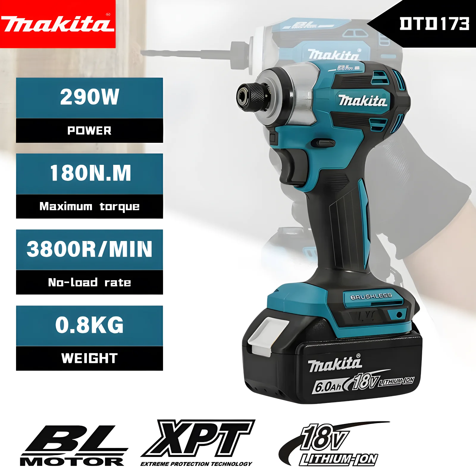 

Ударный гайковерт Makita DTD173, 18В, бесщеточный, литий-ионный, многофункциональный инструмент, дрель, электроинструмент