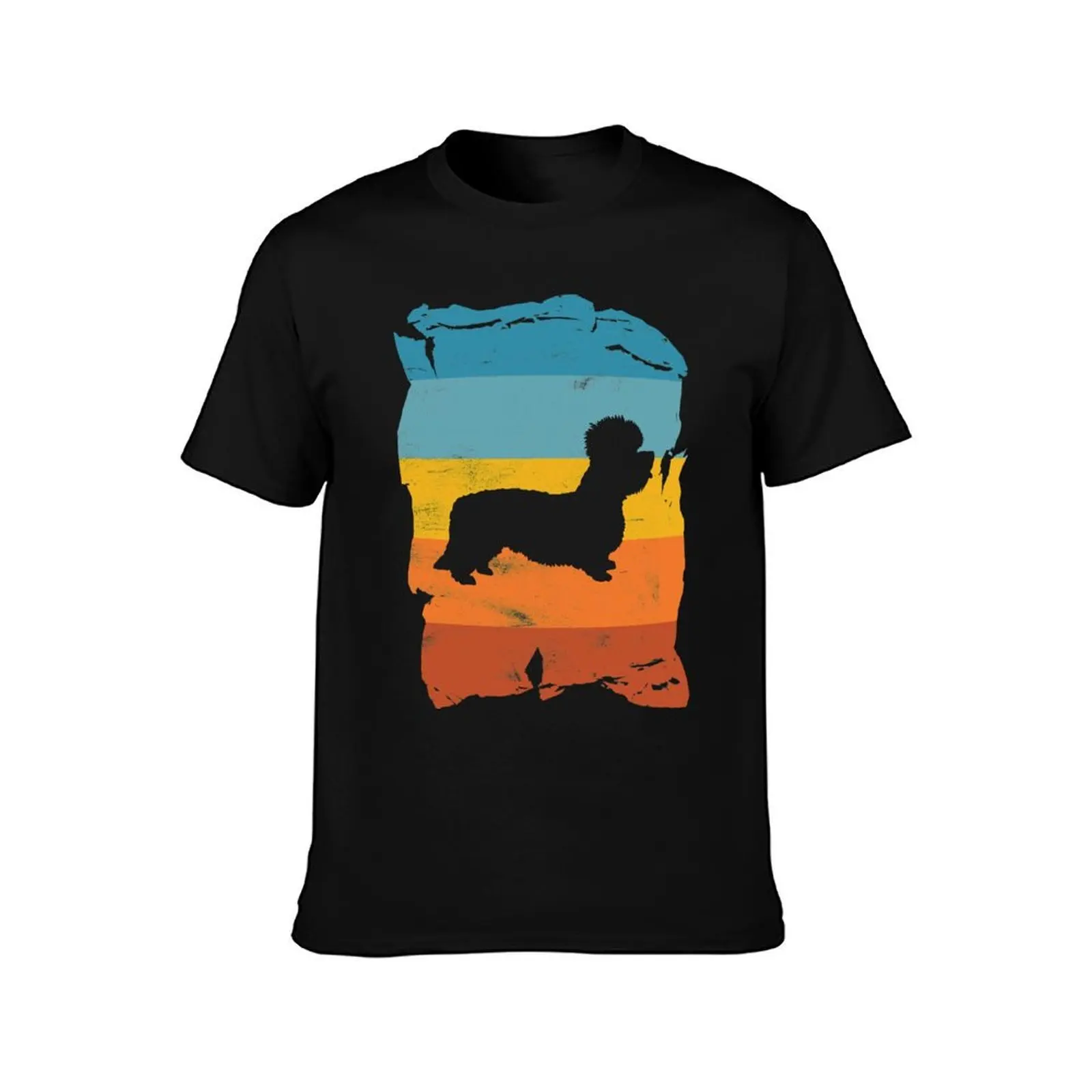 Dandie Dinmont Terrier Distressed Vintage Retro Silhouette T-Shirt Basic Crew Neck Short Sleeve Top