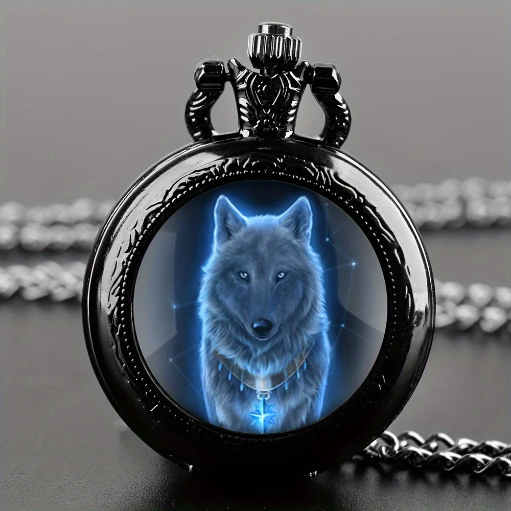 Exquisite Wolf Animal Pattern Quartz Pocket Watch with Necklace Pendant World-Time Feature, Analog Display For Women Men Kids