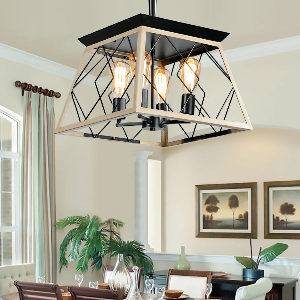 

4-Light Farmhouse Chandeliers For Dining Room Oak(No Bulbs) ，The height can be adjusted