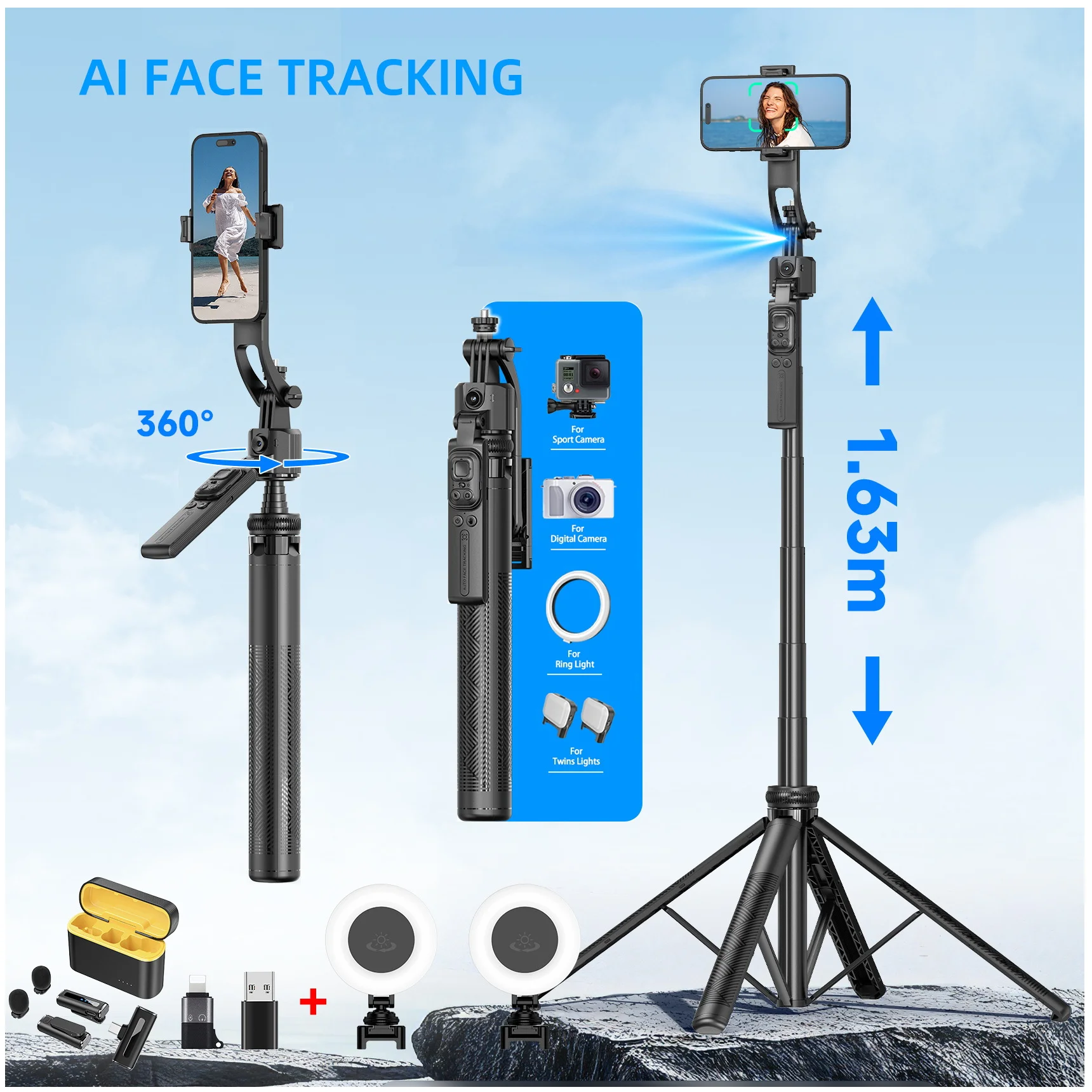 

1635mm Selfie Stick with Auto Face Tracking Detachable Phone Stand Gimbal Stabilizer with Remote Control Fill Light
