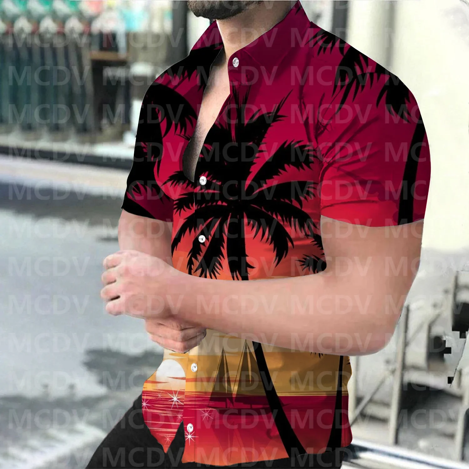 Seaside Sunset Scenery Pattern 3D Printed Casual Button Shirt Men's Hawaiian Shirt