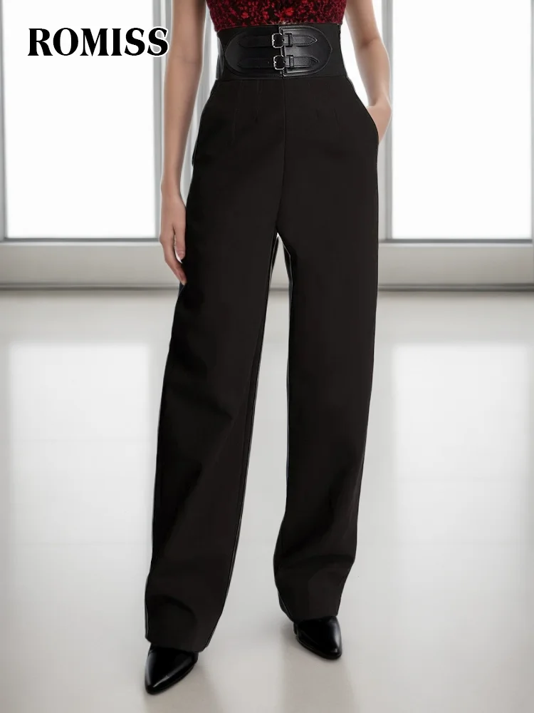 

ROMISS Spliced Belt Solid Wide Leg Pants For Women High Waist Tunic Casual Loose Straight Leg Pants Female Fashion Clothing