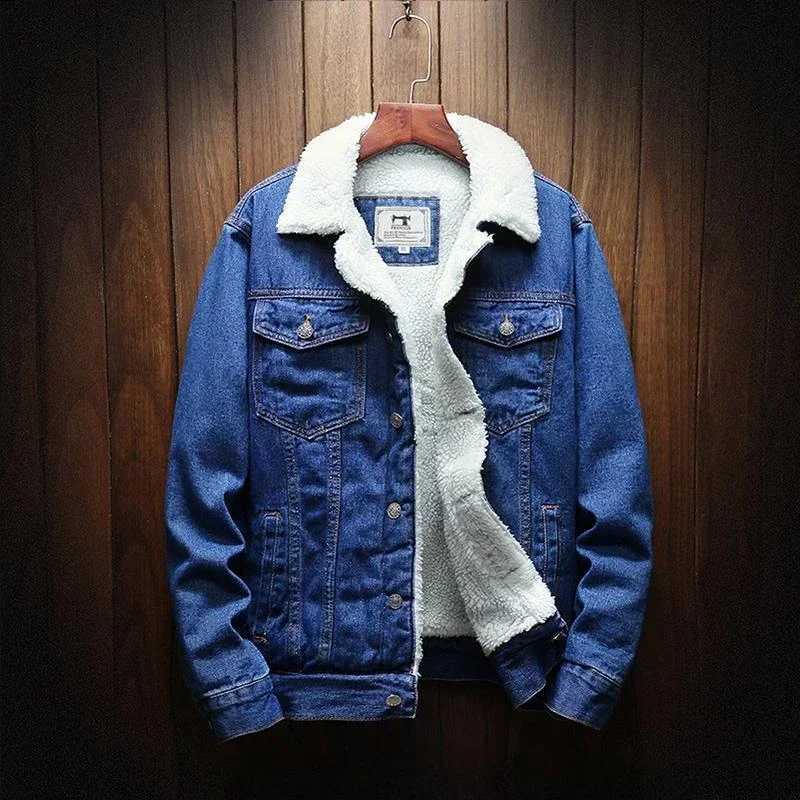 Kurtki jeansowe Męskie wyściełane z owcich dżinsów Płaszcz dla mężczyzn Wyściełana wełna Czarny Ciepły Slim Fit Lxury Niski koszt Jednoczęściowy Moda Casual