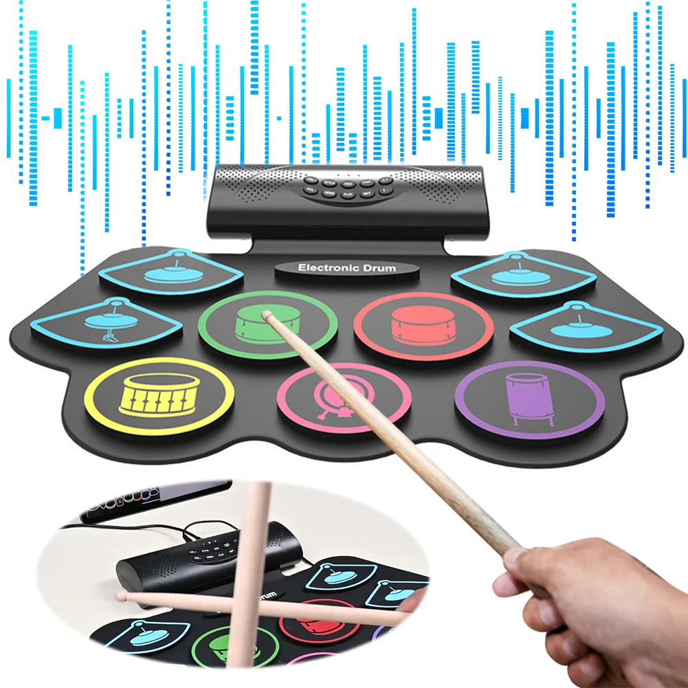 Electronic Drum Set with Drum Sticks and Pedals Roll-Up Drum Practice Pad BT Electric Drum Set for Kids Xmas Birthday Gift