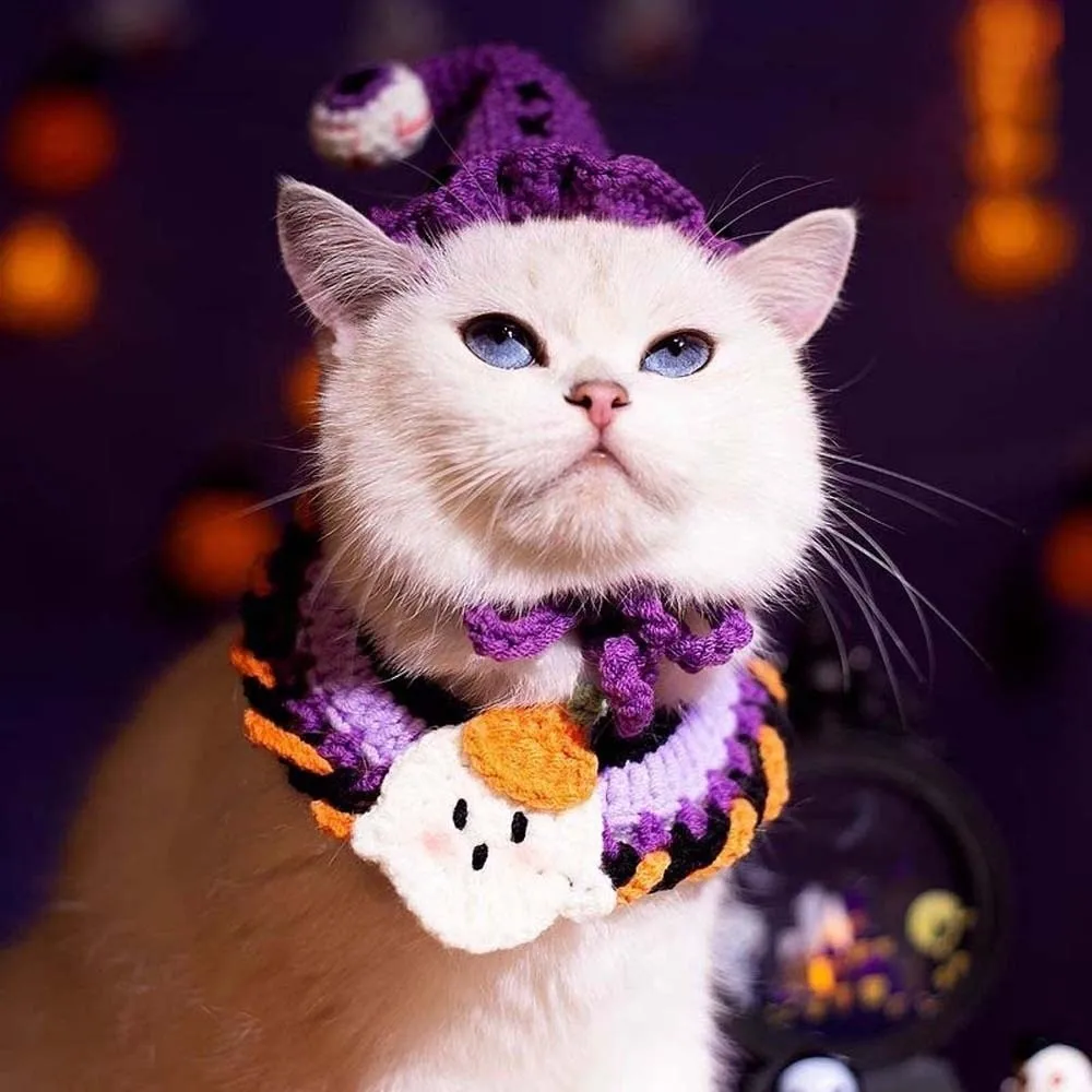 

Creative Breathable Halloween Pets Costumes Pumpkin Ghost Halloween Cat Headgear Hollow Tie Cat Woven Hat Bib Pet Accessories