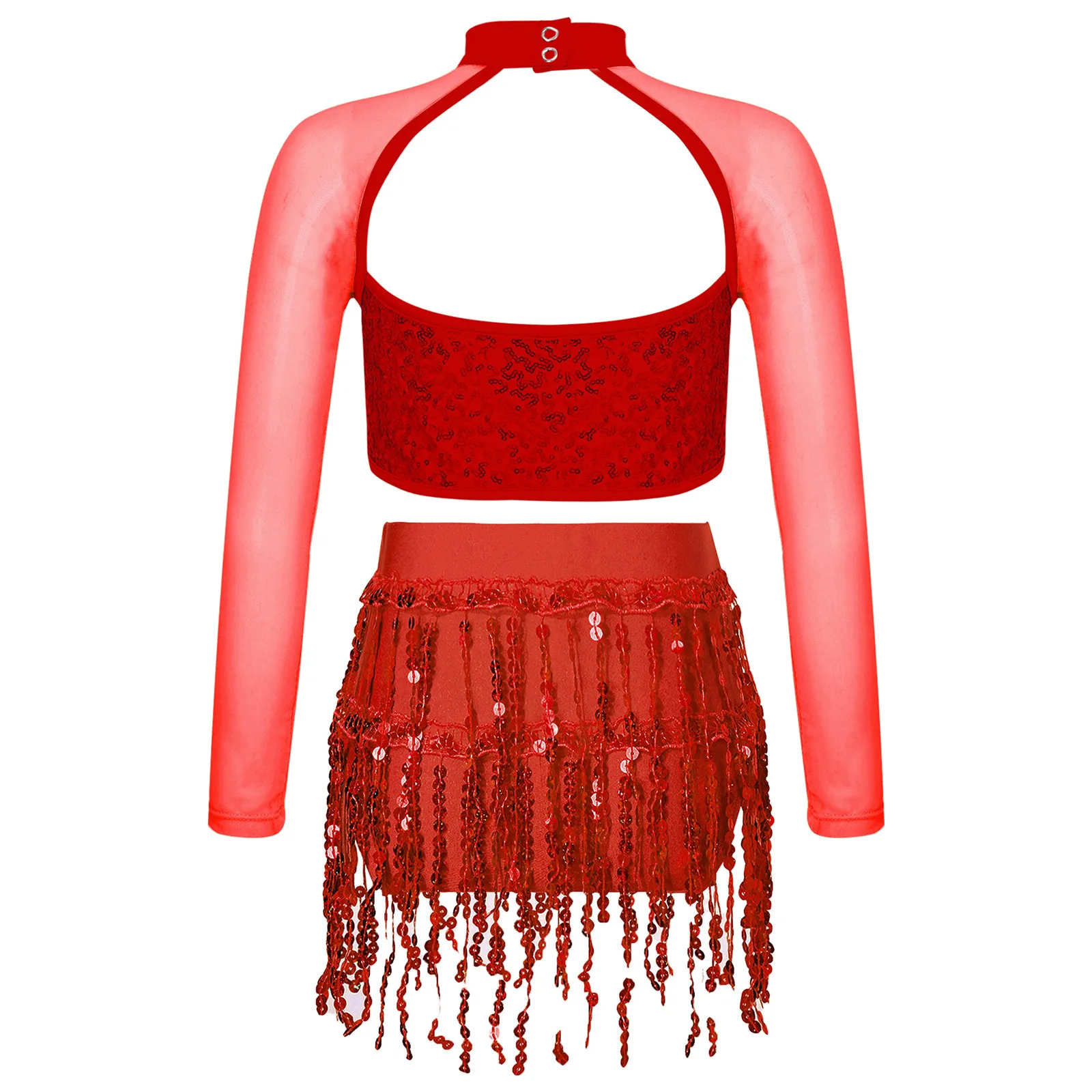 Kids Girls Sequins Latin Dance Sets Sheer Mesh Long Sleeve Mock Neck Crop Top with Elastic Waistband Sequins Tassel Briefs - Image 2