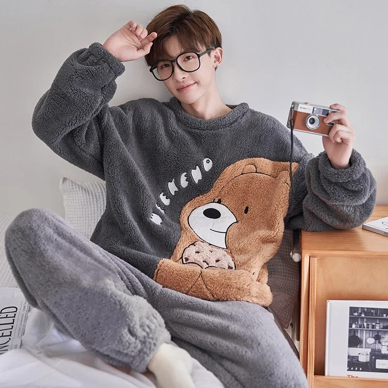 Kawaii Bear Men Pajamas Set Adult Sleepwear Winter Thicken Pyjamas Homewear Coral Velvet Soft Warm Leisure Loungewear Pijamas