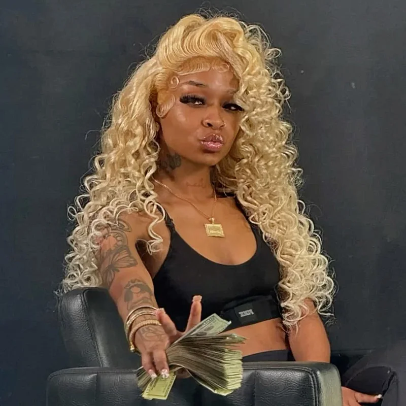 

Honey blonde water wave 13x6 hd lace frontal human hair wig for women Preplucked 38 30 Inch lace front 613 deep wave curly wigs