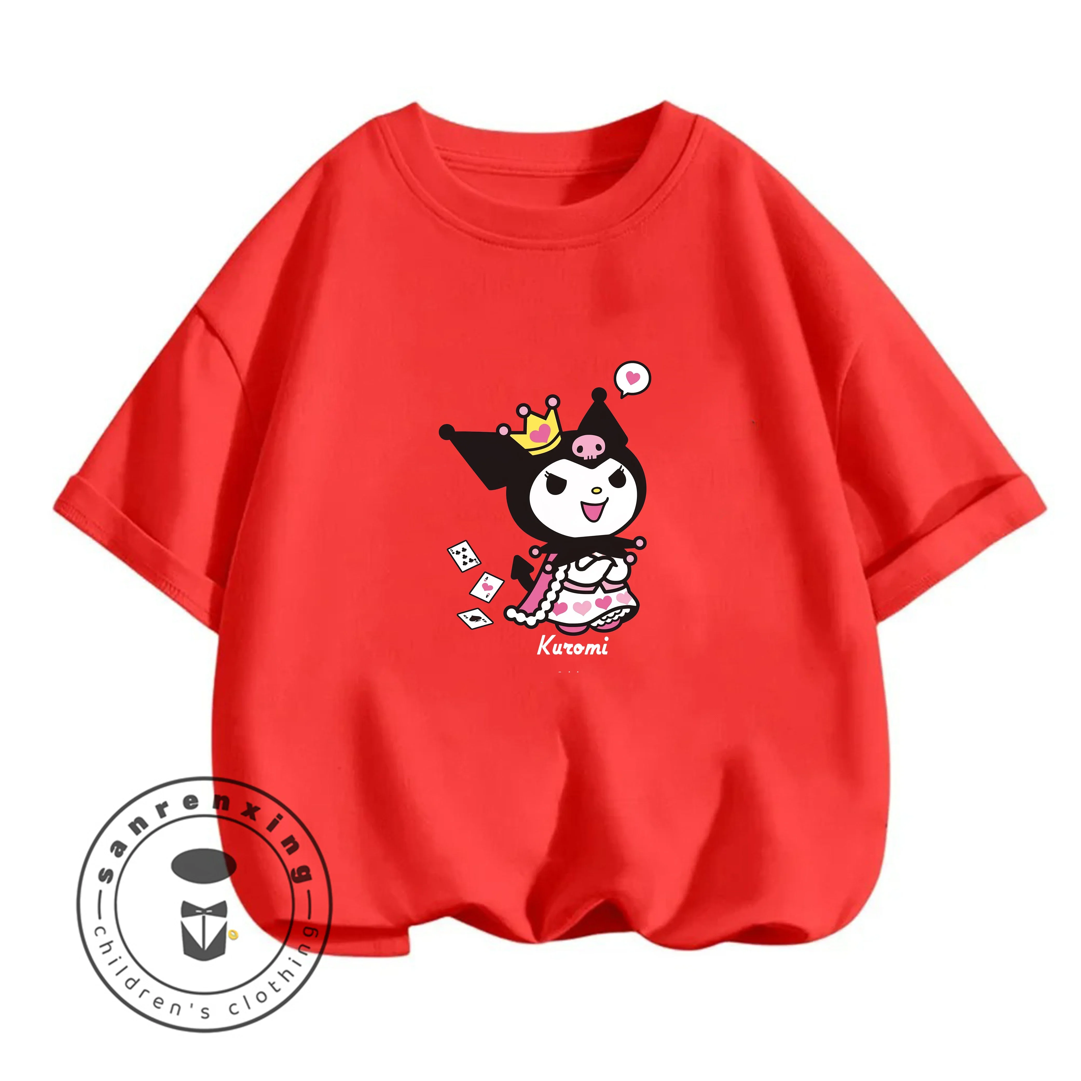 

Футболка с круглым вырезом Kuromi 2026 для мальчиков и девочек 3-14 лет, летняя, милая, в стиле кавай, с мультяшным принтом, уличная, модная, повседневная, стильная