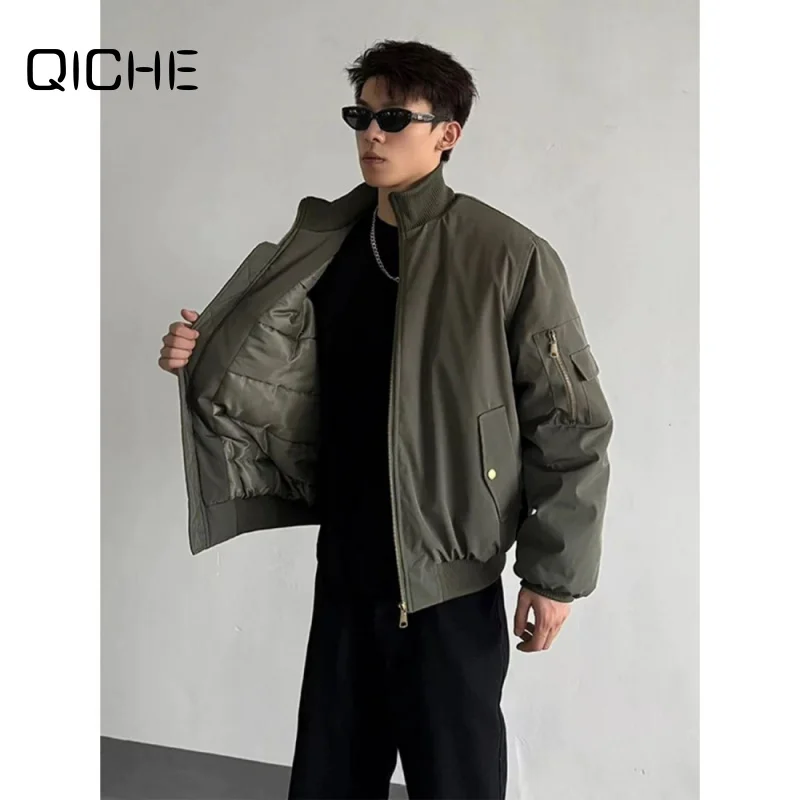 QICHE Men Clothing 2026 Winter Bomber Cotton Jacket, High Collar American Retro Thick Flight Varsity Outerwear, Male Clothes