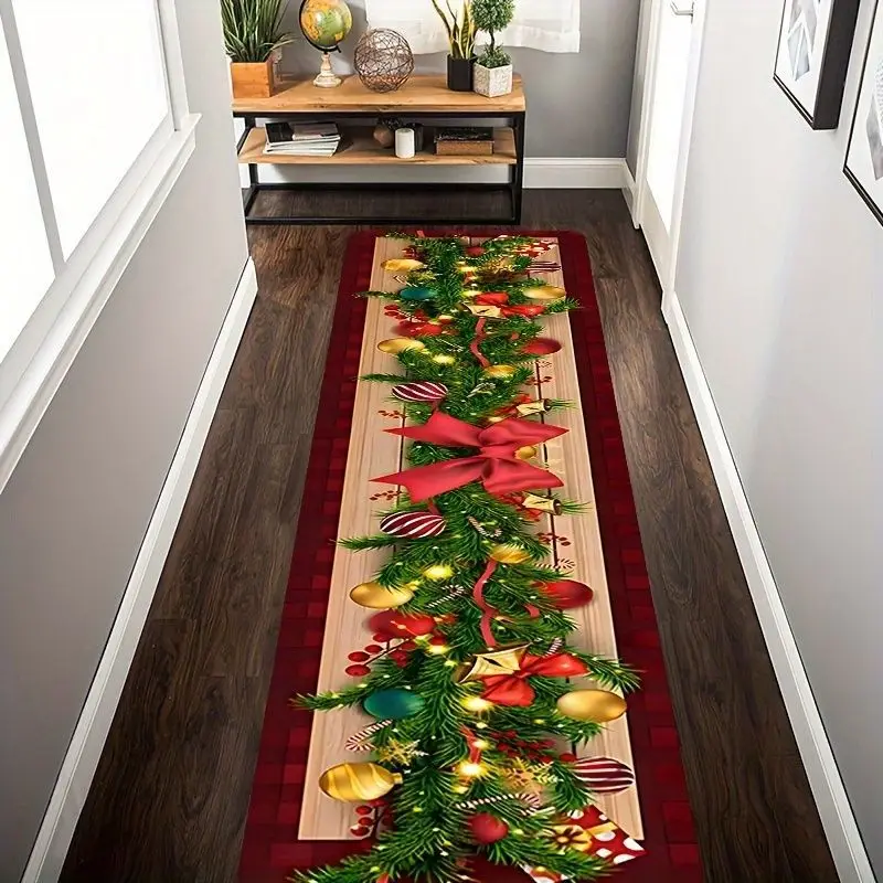 VIKAMA Christmas Runner Rug Pine Garland Red Bow Gold Ornament Long Carpet Hallway Corridor Entryway Christmas Holiday Decor