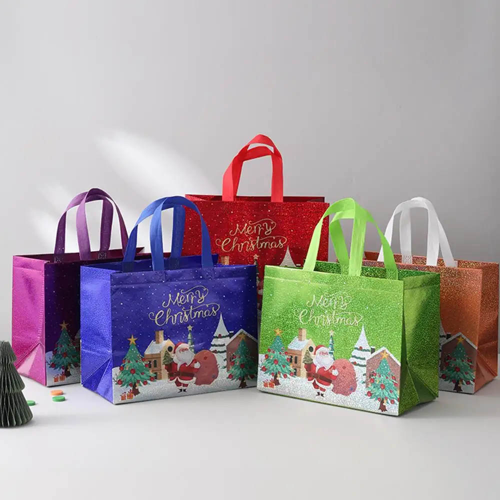 Christmas Reusable Gift Bags with Handles Non-wove Laser Christmas Tote Bags Treat Bags Gifts Wrapping Shopping Xmas Party Decor