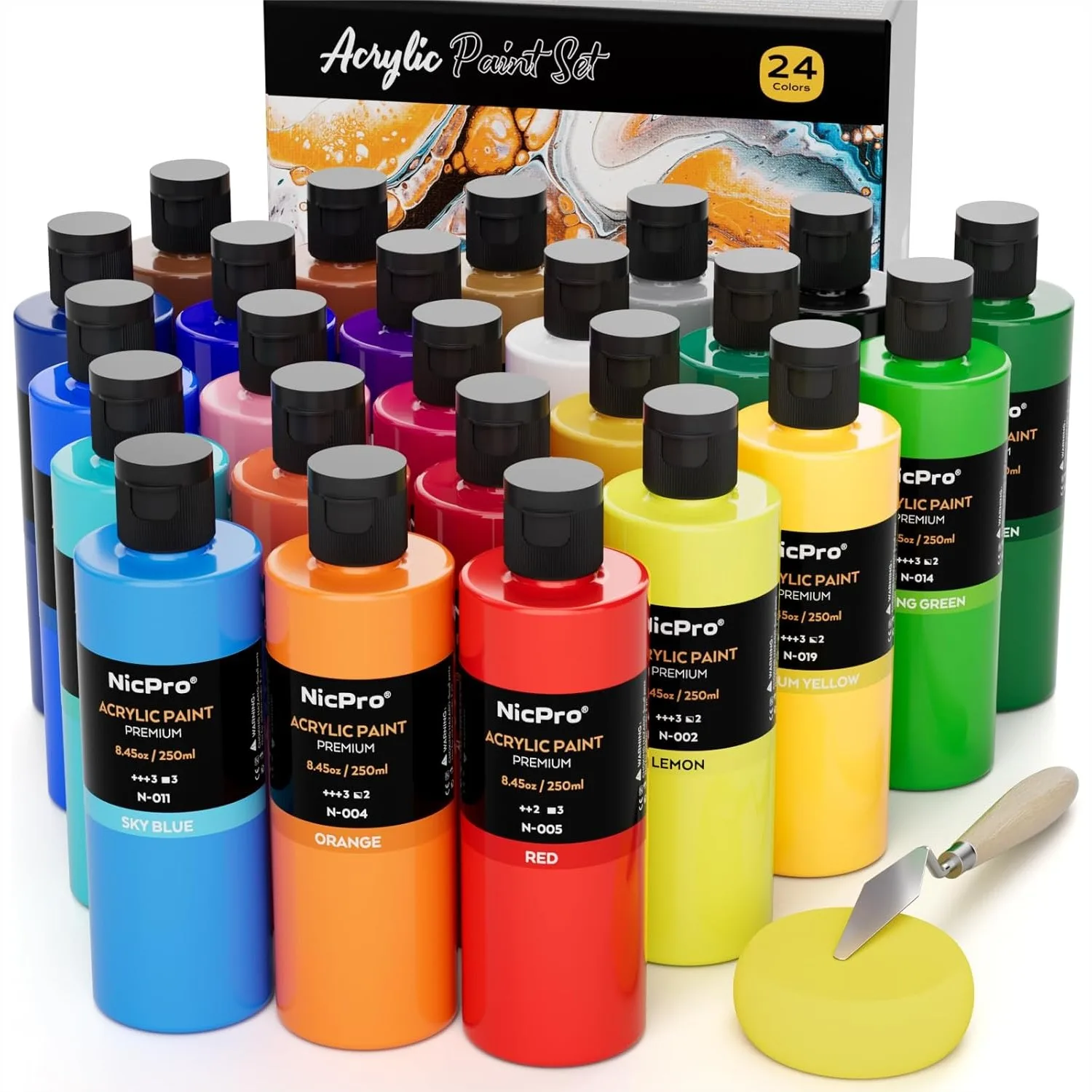 

24 Colors Acrylic Paint Set 8.45 oz Each, Rich Pigments for Canvas Wood Rock Glass Ceramic Crafts with Color Wheel