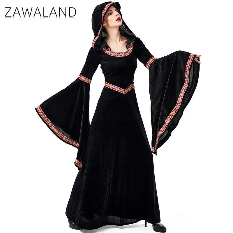 Zawaland Witch Dress for Women Halloween Gothic Costume with Dramatic Bell Sleeves Robe Adult Party Dresses Elegant Pagan Cloak